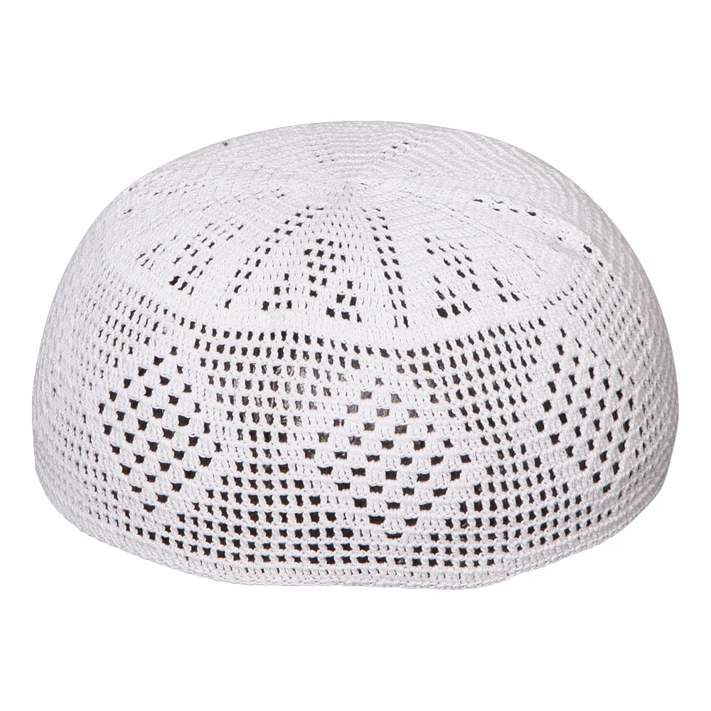 Wholesale Mesh Dome Embroidered  Arabic Dubai Malaysia White Hat For Men Net Muslim Prayer Cap