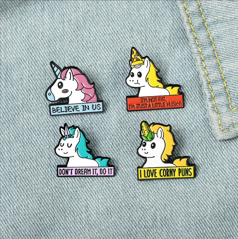Hard Metal Badges Wholesale Custom Brand Name 3D Letters Words Logo Soft Enamel Cute Unicorn Letters Lapel Pins for Gifts