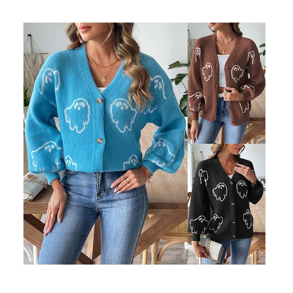 Stocks Manufacturing custom logo cartoon Jacquard Button Coat V-Neck Cardigan Shirt Top Loose Outdoor knitted cardigan Christmas