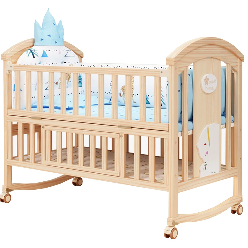 Manufacturers Design Multifunctional Children Stitching Big Bed Solid Wood Unpainted Cradle Cot Newborn Baby Crib