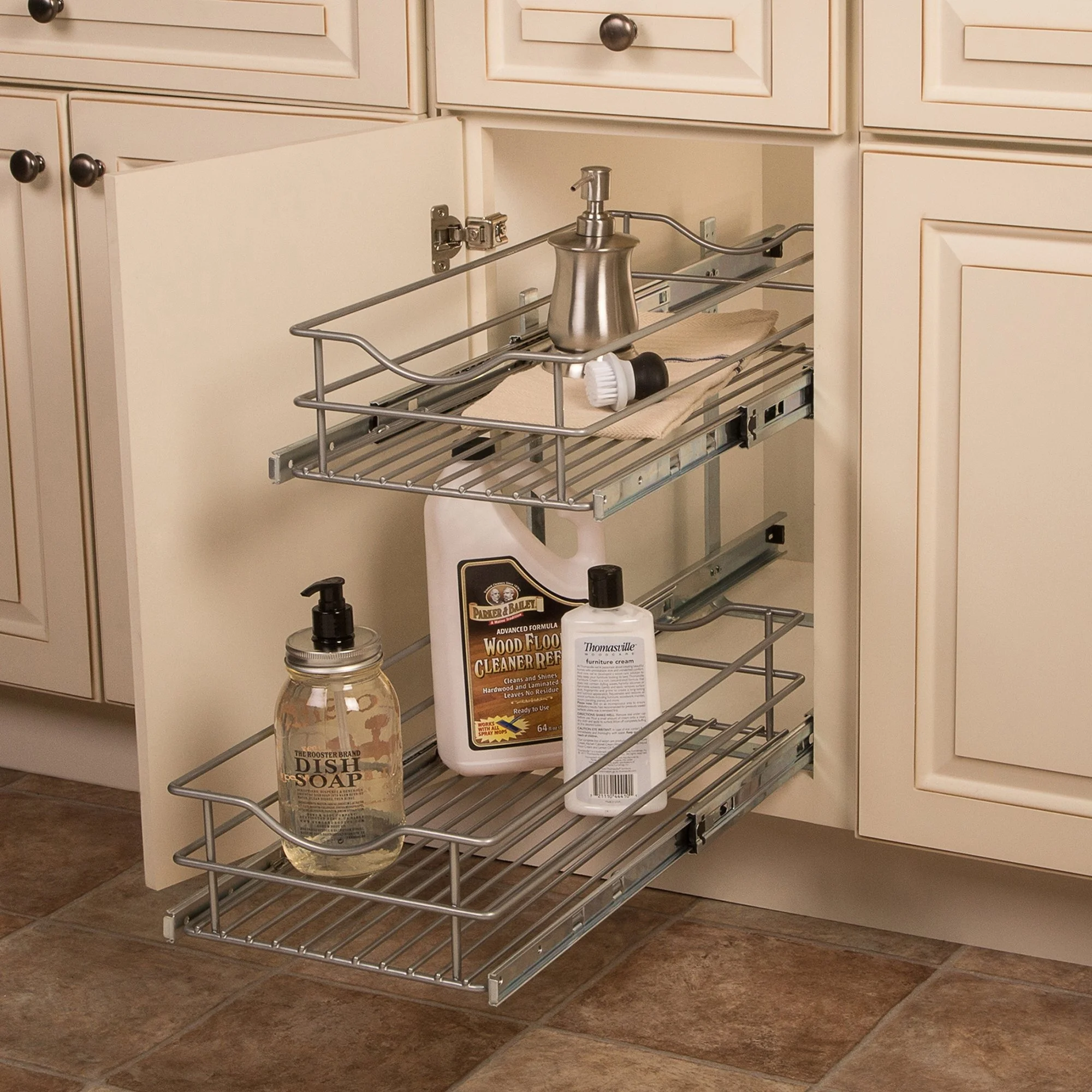Knape & Vogt DBLMUB-14-R-FN Double-Tier Multi Pullout 11 14 17 in. inch pull out sliding drawer Wire Basket, Frosted Nickel
