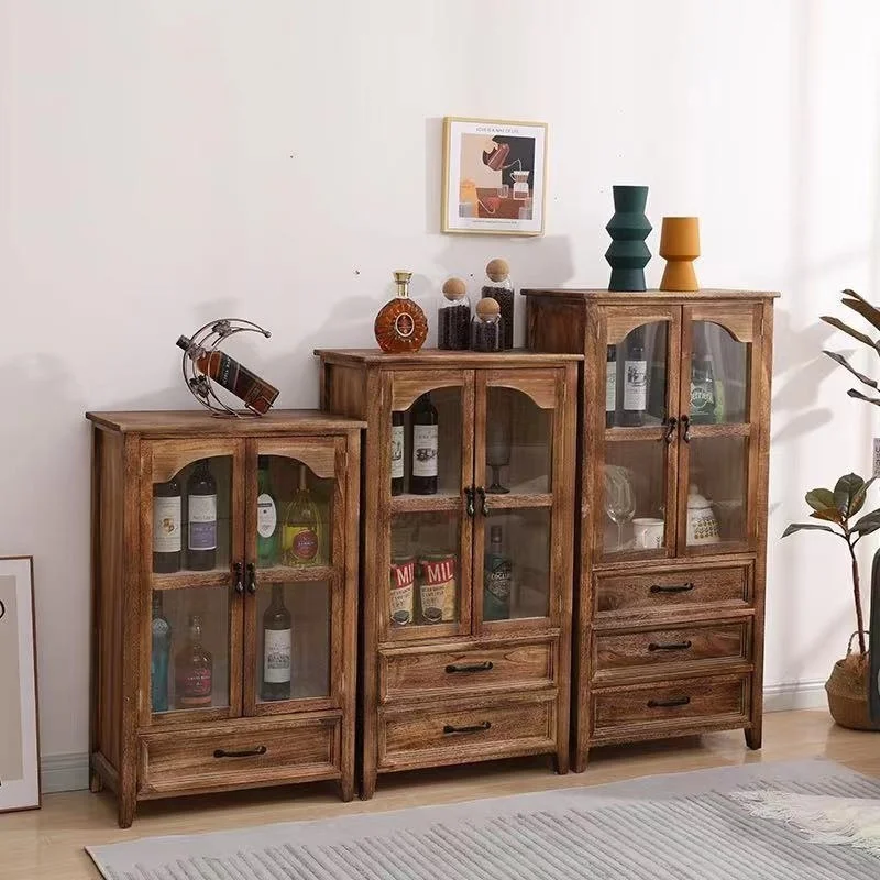 Living room solid wood wine cabinet bookcase American display cabinet against the wall vintage multifunctional storage cabinet
