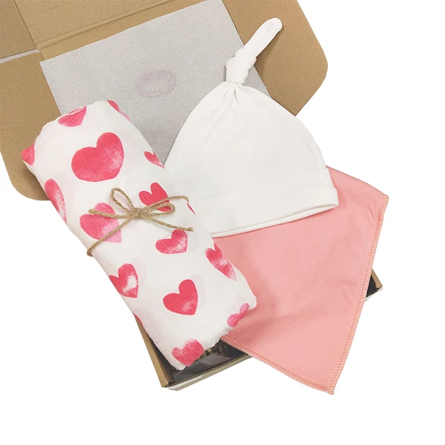 Bibison Hot Sales 3-Piece Fancy Newborn Baby Gift Layette Bedding Sets Cotton Baby Bib Swaddle Wrap Blanket With Hat Set