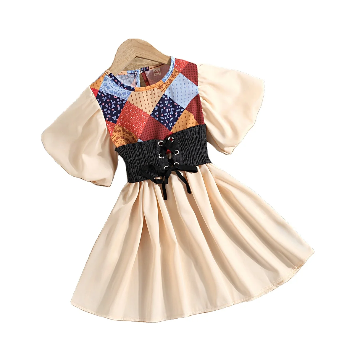 Wholesale Online Shopping Elegant Spring Waist Printed Puffy Sleeve Kids Princess Dresses For Girls