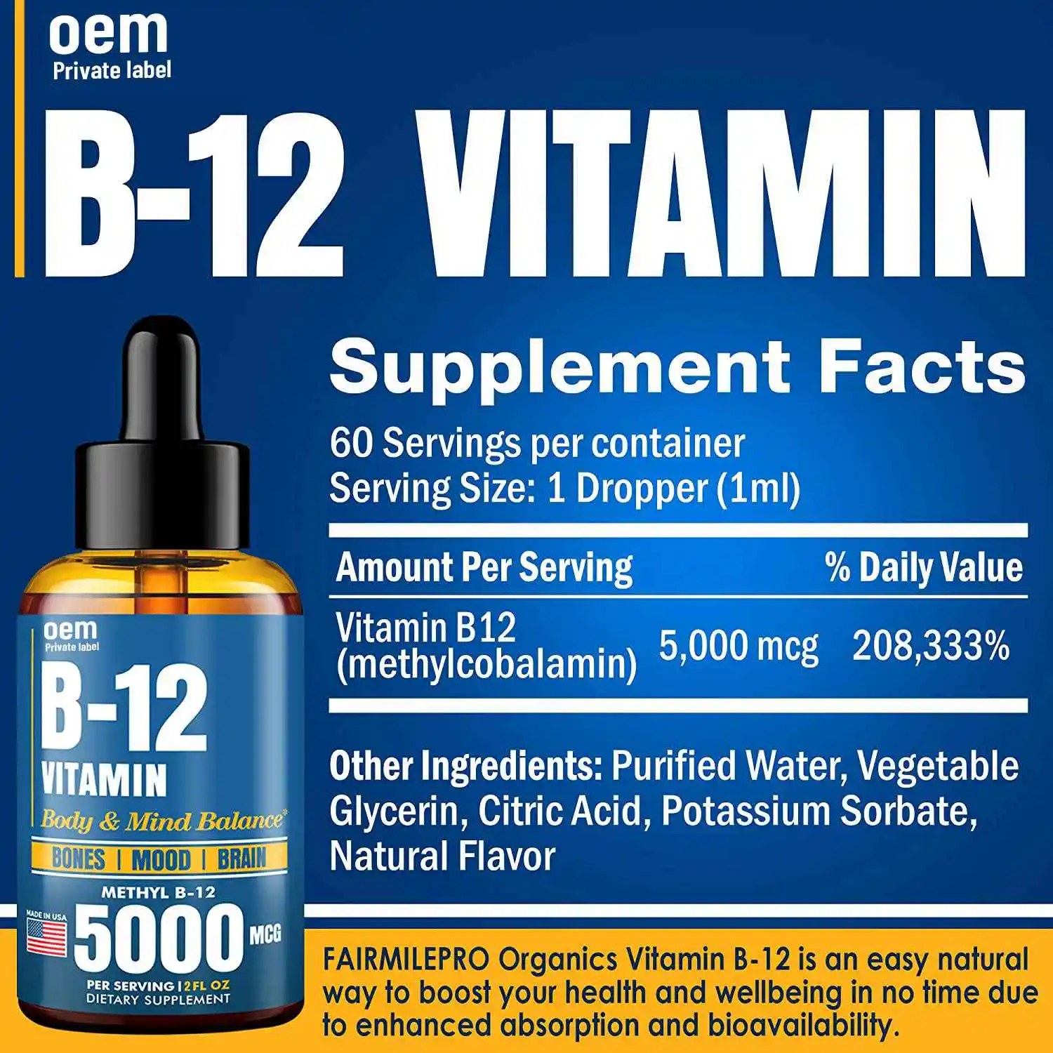 OEM Vitamin Methyl B12 Drops Organic Vegan Vitamin B12 Sublingual Drops Brain Support Healthcare Energy Health Detox Cleanse