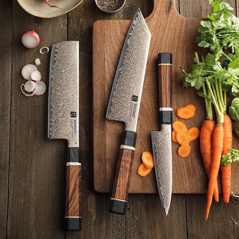 XINZUO New 3Pcs Customized 37 Layers Tricolour Copper Damascus steel Desert Ironwood Handle Sharp Kitchen Chef Knife Sets Gift