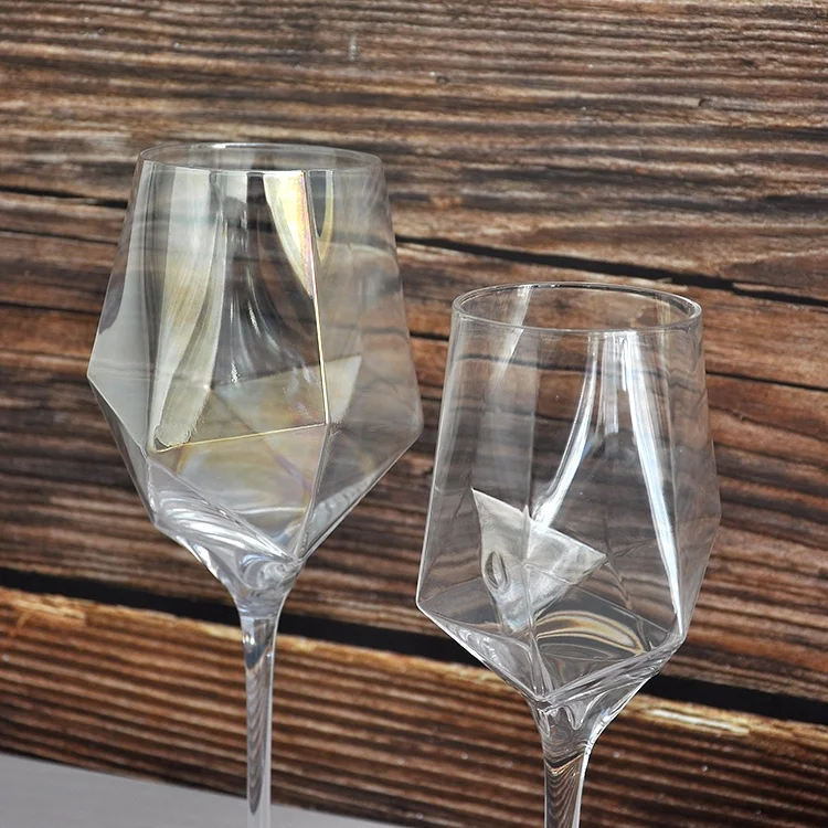 Elegant  diamond shape crystal  clear glasses with gold rim wine glass for wedding