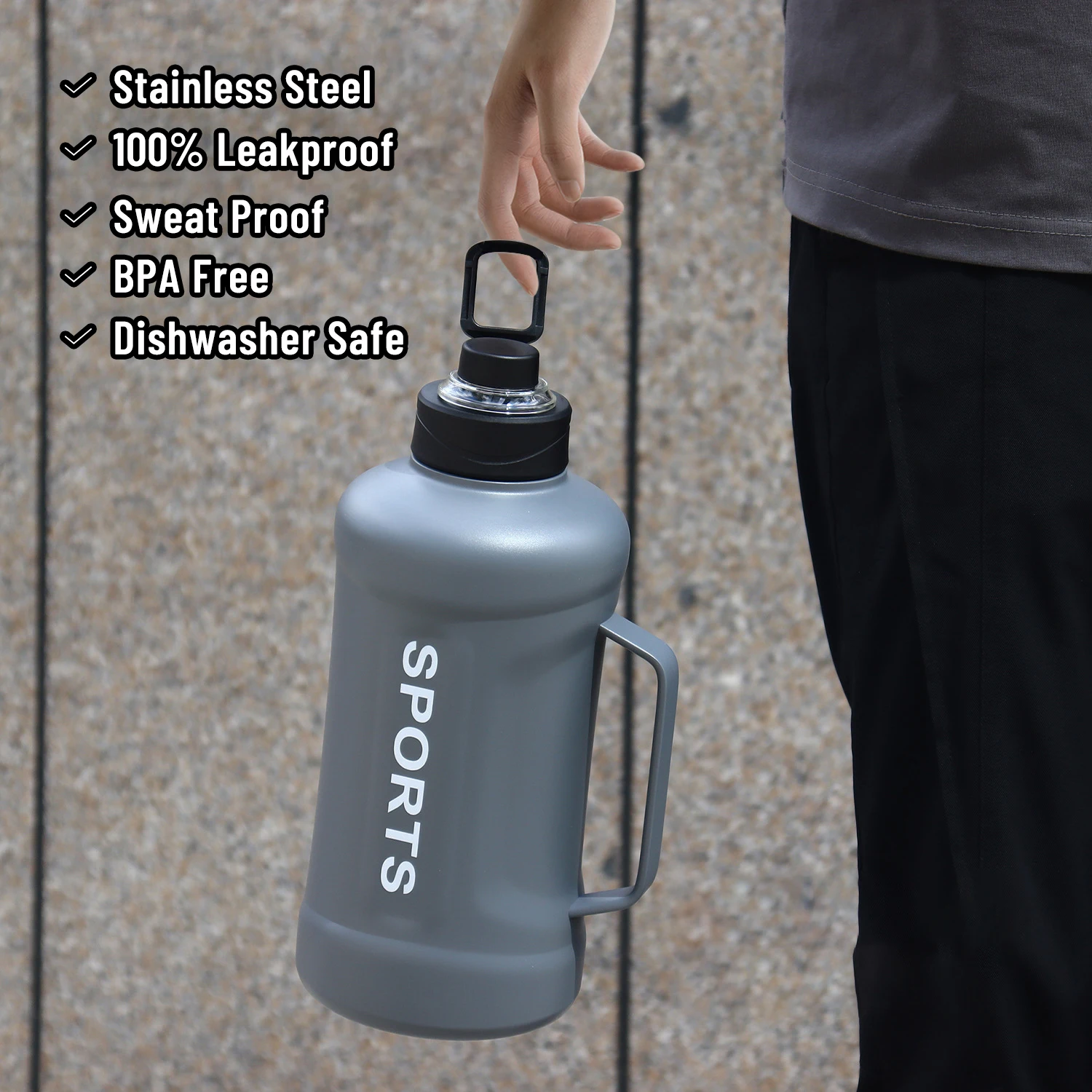 SS 316 BPA Free Leak Proof Stainless Steel Water Jug Half Gallon 64 oz Big Water Bottle with Handle for Gym Hiking Camp Travel
