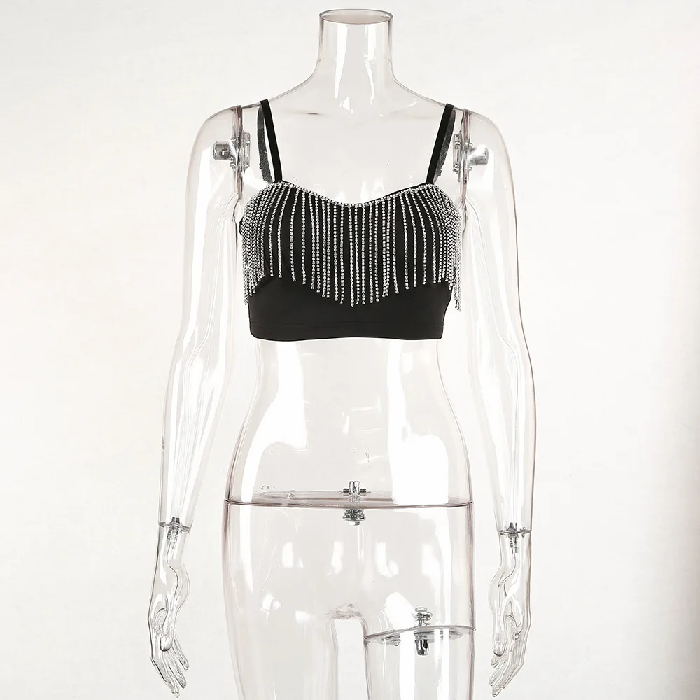 2022 Summer Fashion Black Backless Party Bustiers Corset Rhinestone Fringe Crop Tops Women Tassel Tank Top