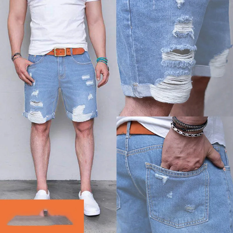 High Quality Men Cowboy Knee Length Men Fashion Ripped Jeans Short Pants Washed Denim Ripped Jeans Shorts