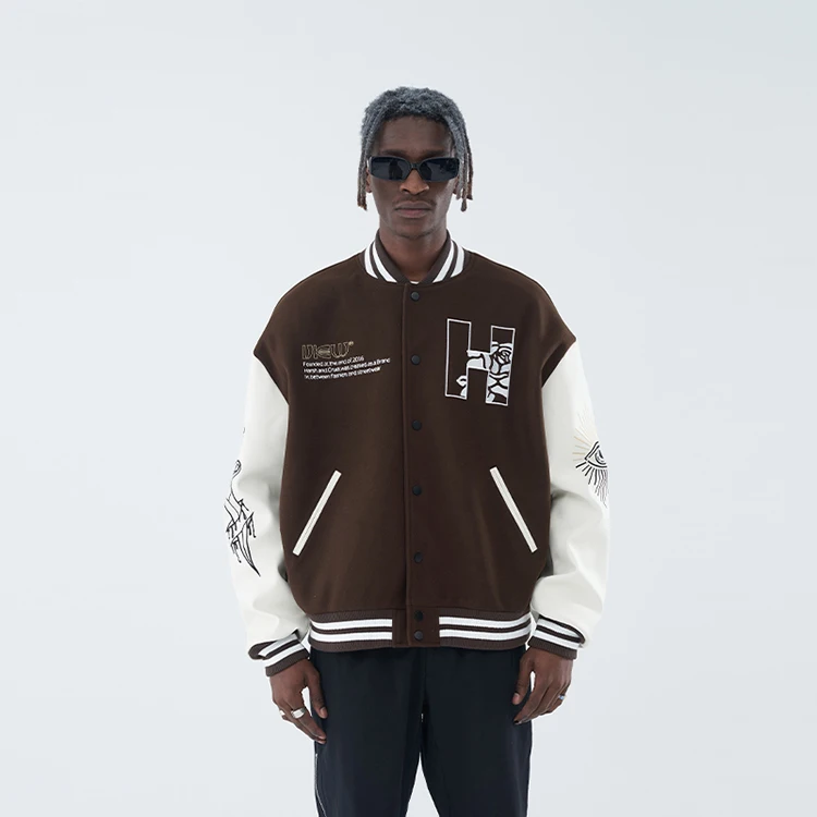 Varsity thick embroidery woolen quality brown college coat custom leather baseball factory bomber jackets for men