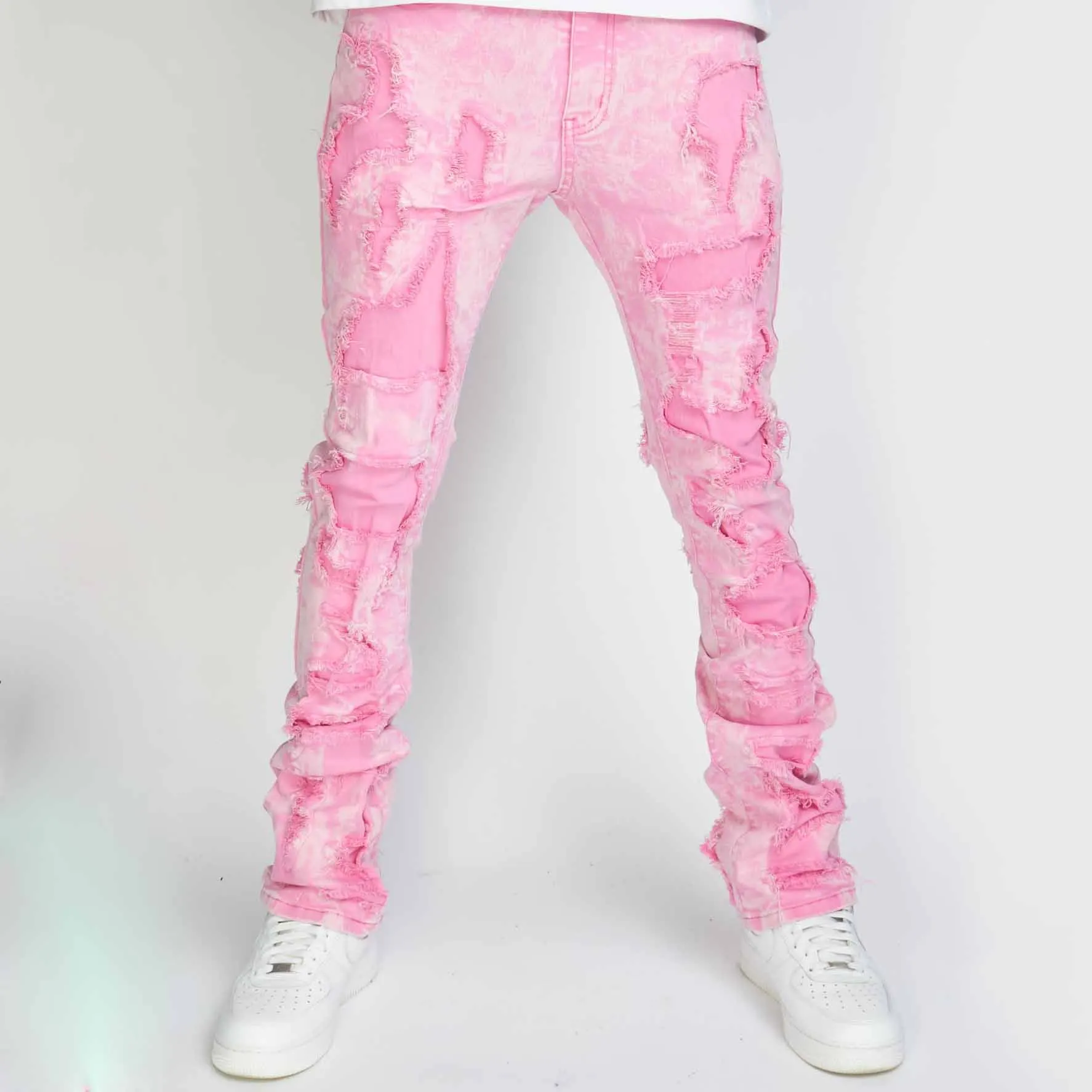 Denim High Quality Custom Streetwear Pink Wash Skinny Stacked Flare Jeans Men