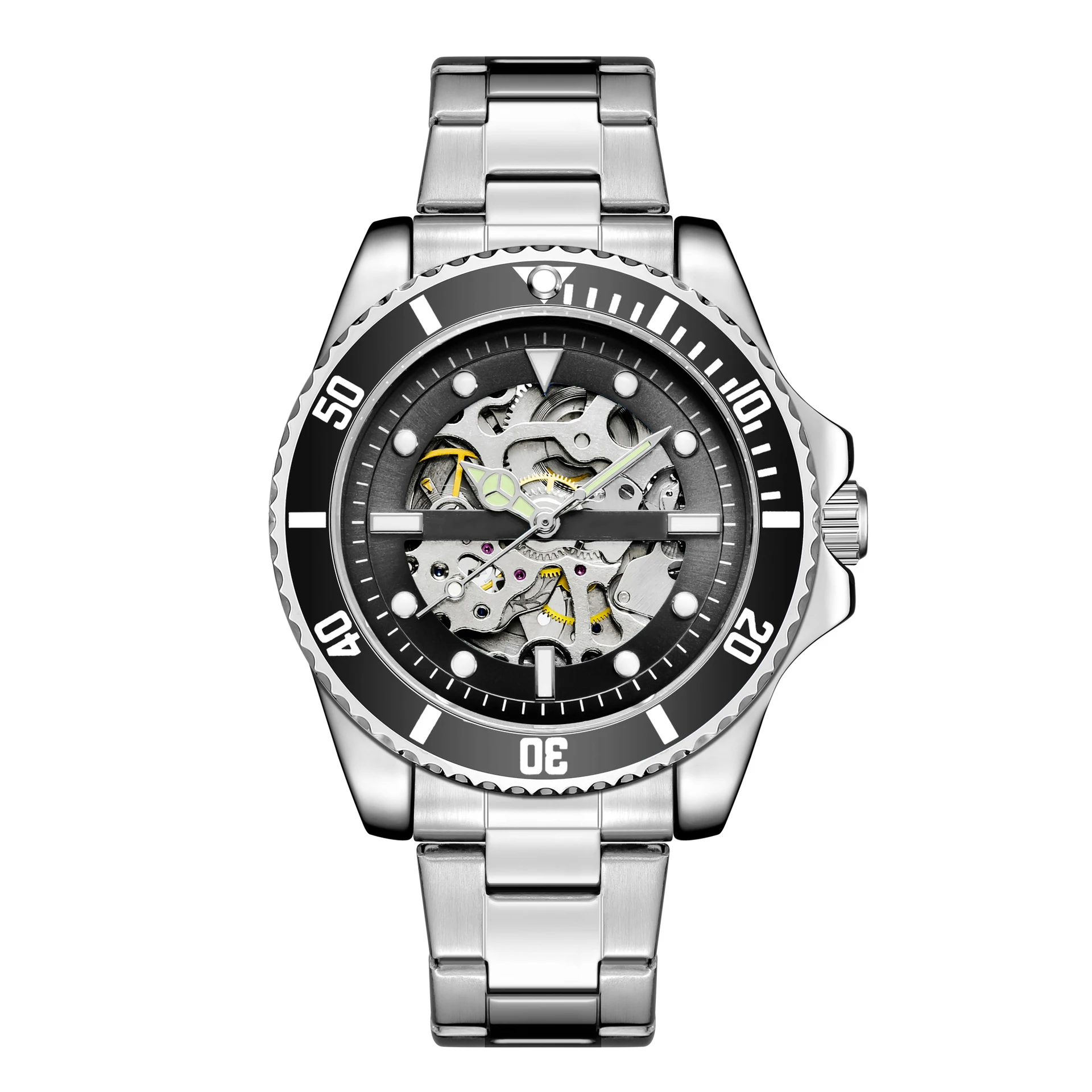 Best Selling Men Luxury Watches Stainless Steel Strap Skeleton Black Dial Wrist Mechanical Automatic Watches