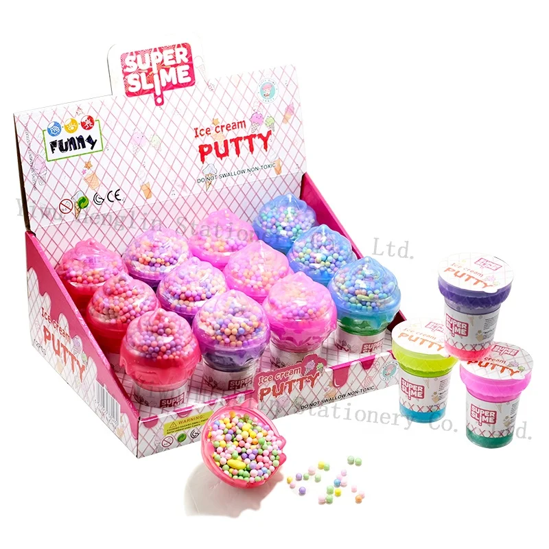 Hot sale ice cream shape rainbow colorful slime kit kids DIY creative new color glitter galaxy slime with foam balls