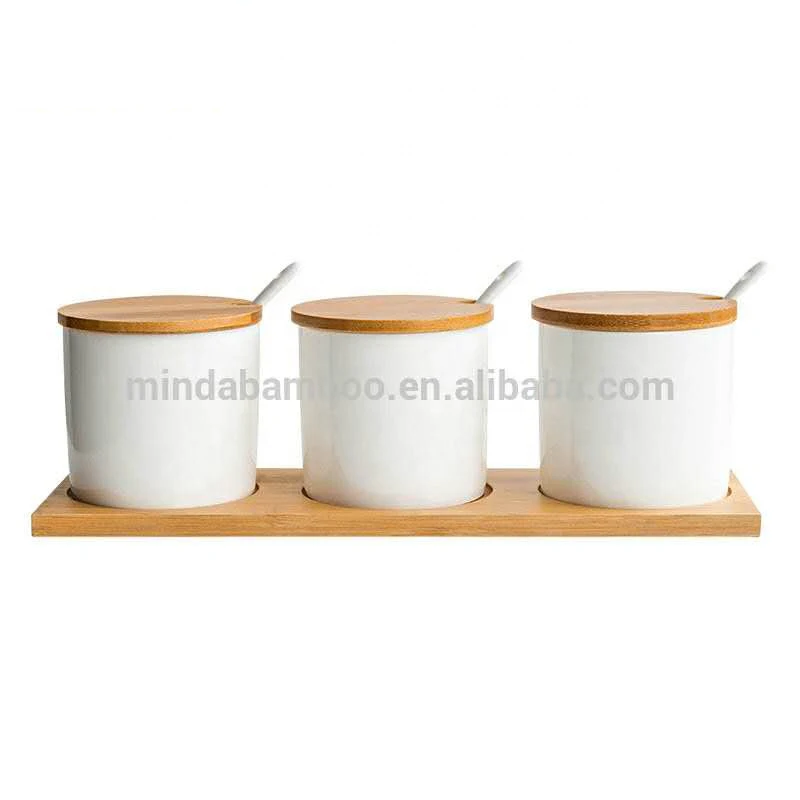 Home decoration luxury modern wholesale 3 white ceramic coffee sugar honey tea salt spice storage container jar with bamboo lids