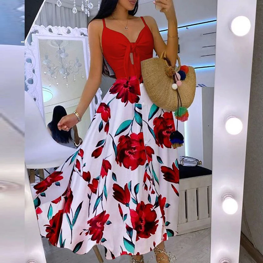 Ikebel New Fashion Floral Print Woman Summer Long Elegant Sexy Maxi Casual Party Dresses Informal Robe Casuale Ocasional Vestido
