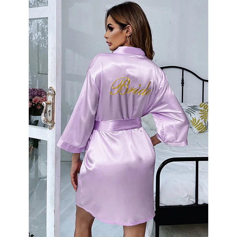 Wholesale polyester nightgown ice silk Wedding embroidery Bridesmaid morning robe customized