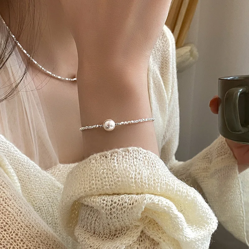 Sparkling Small Beads Chain Bracelet 925 Sterling Silver Charm Pearl Women Trendy Adjustable Bracelet