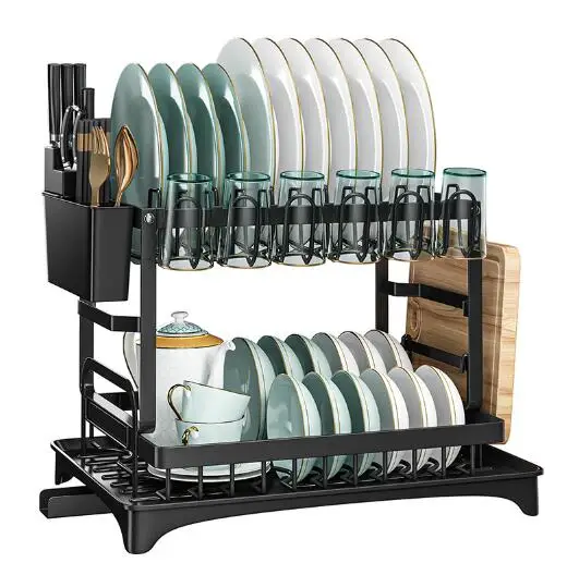 2 Tier Dish Drying Rack, Rustproof Kitchen Dish Drying Rack with Drainboard and Utensil Holder for Kitchen Counter
