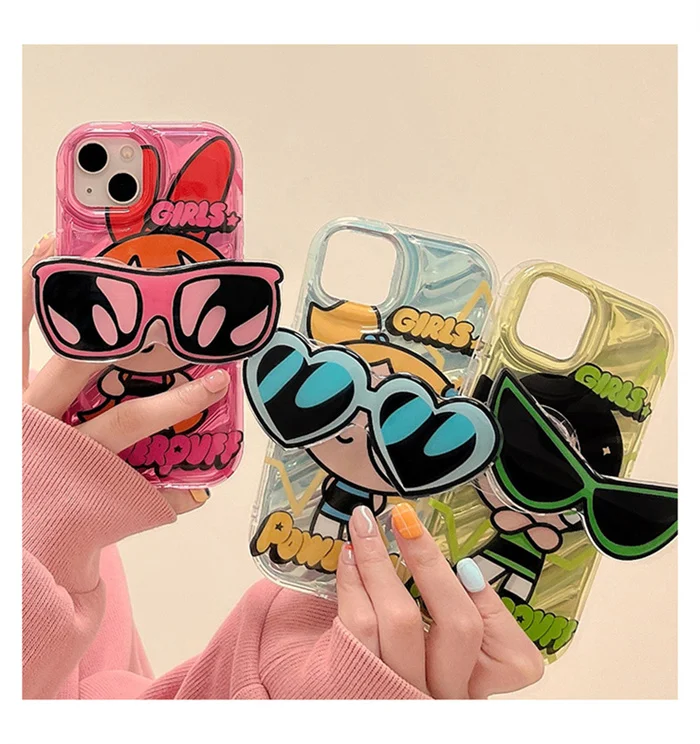 Lovely Powerpuff Girls Sunglasses Bracket Phone Case For iPhone 14 13 12 11 Pro Max X XR XS Silicone Cover Pop Holder Stand