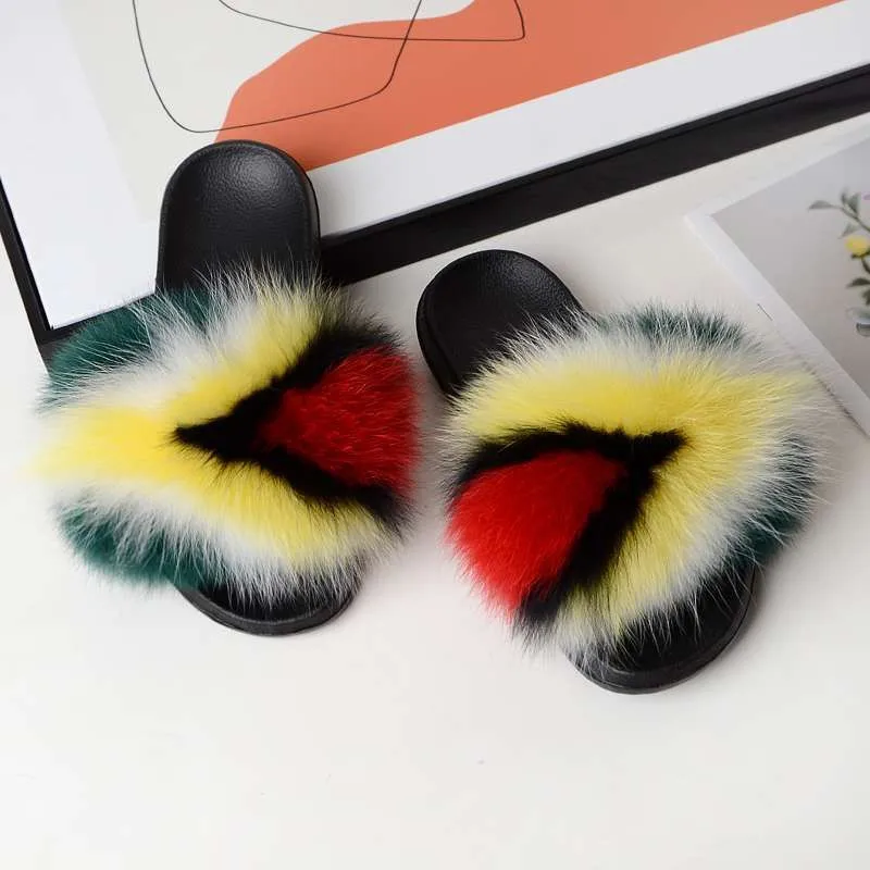 Wholesale Furry Slides Printing Custom logo Slippers Women 100% Real Fluffy Fur Slippers with logo
