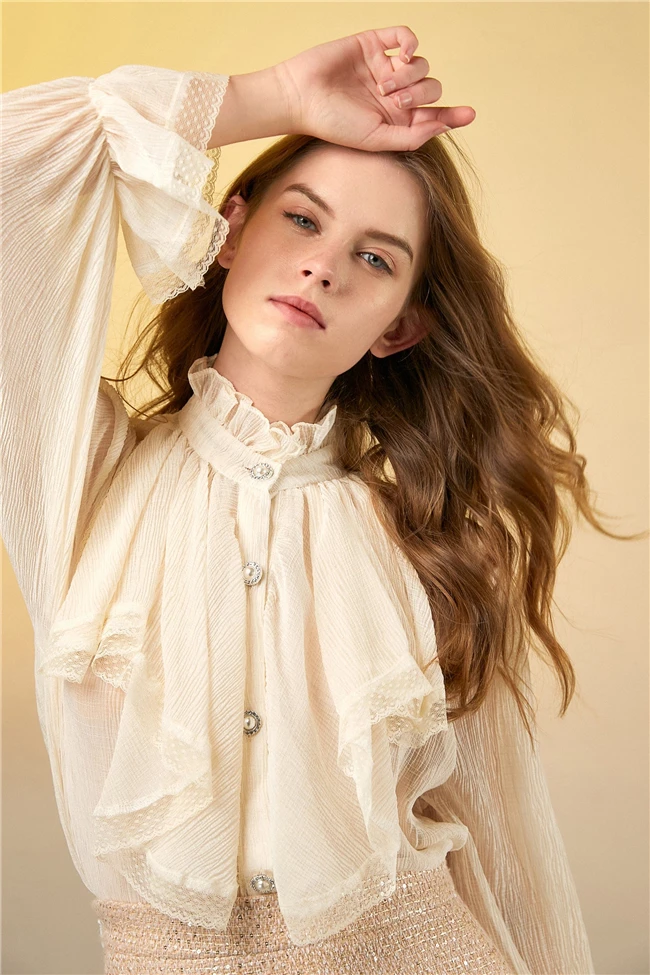 2022 Autumn Elegant Long Sleeve Button Up Ruffle Chiffon Women Blouse