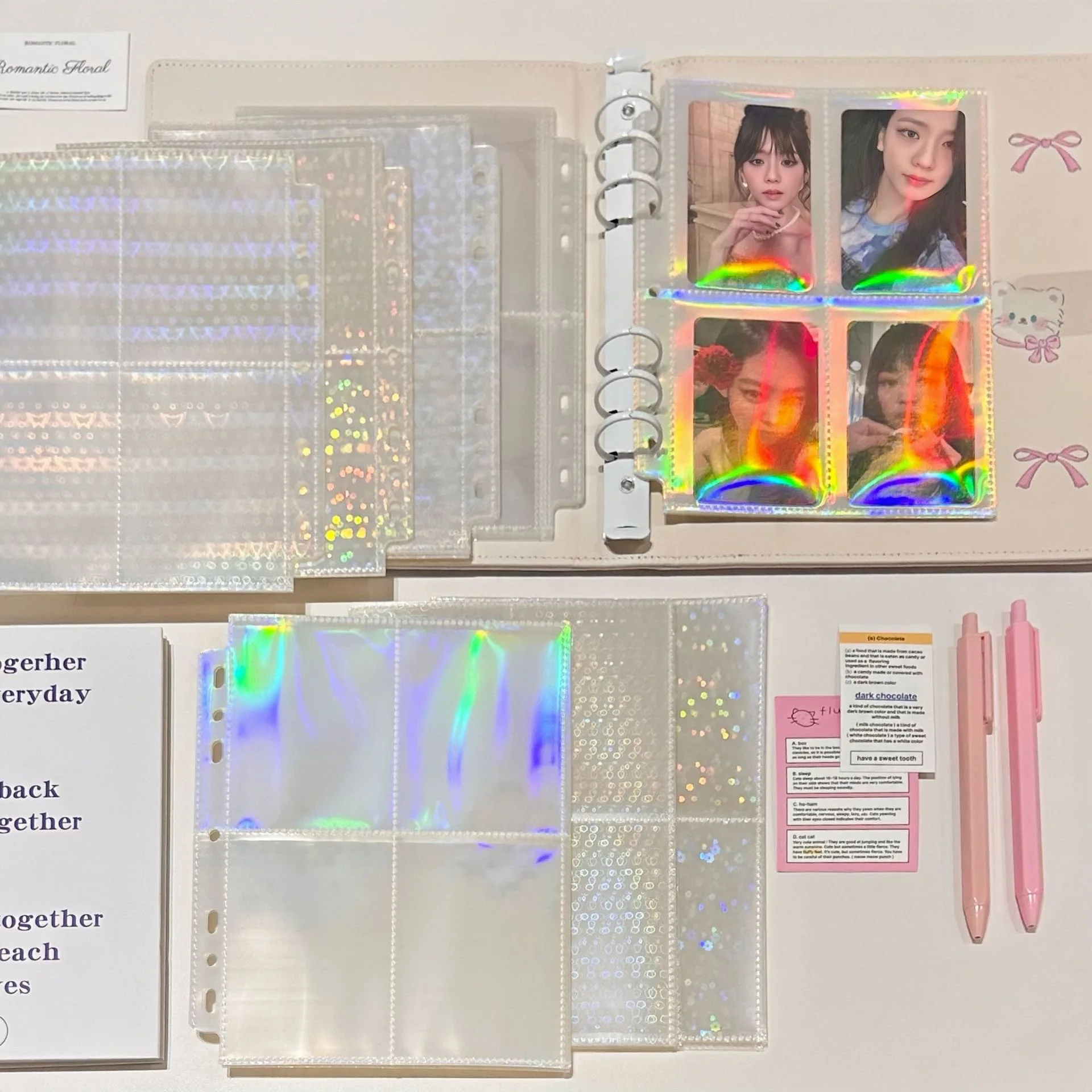 A5 Binder 4 Pockets10pcs Photo Card Sleeves Trading Card Sleeves 7 Ring for Cards Photos