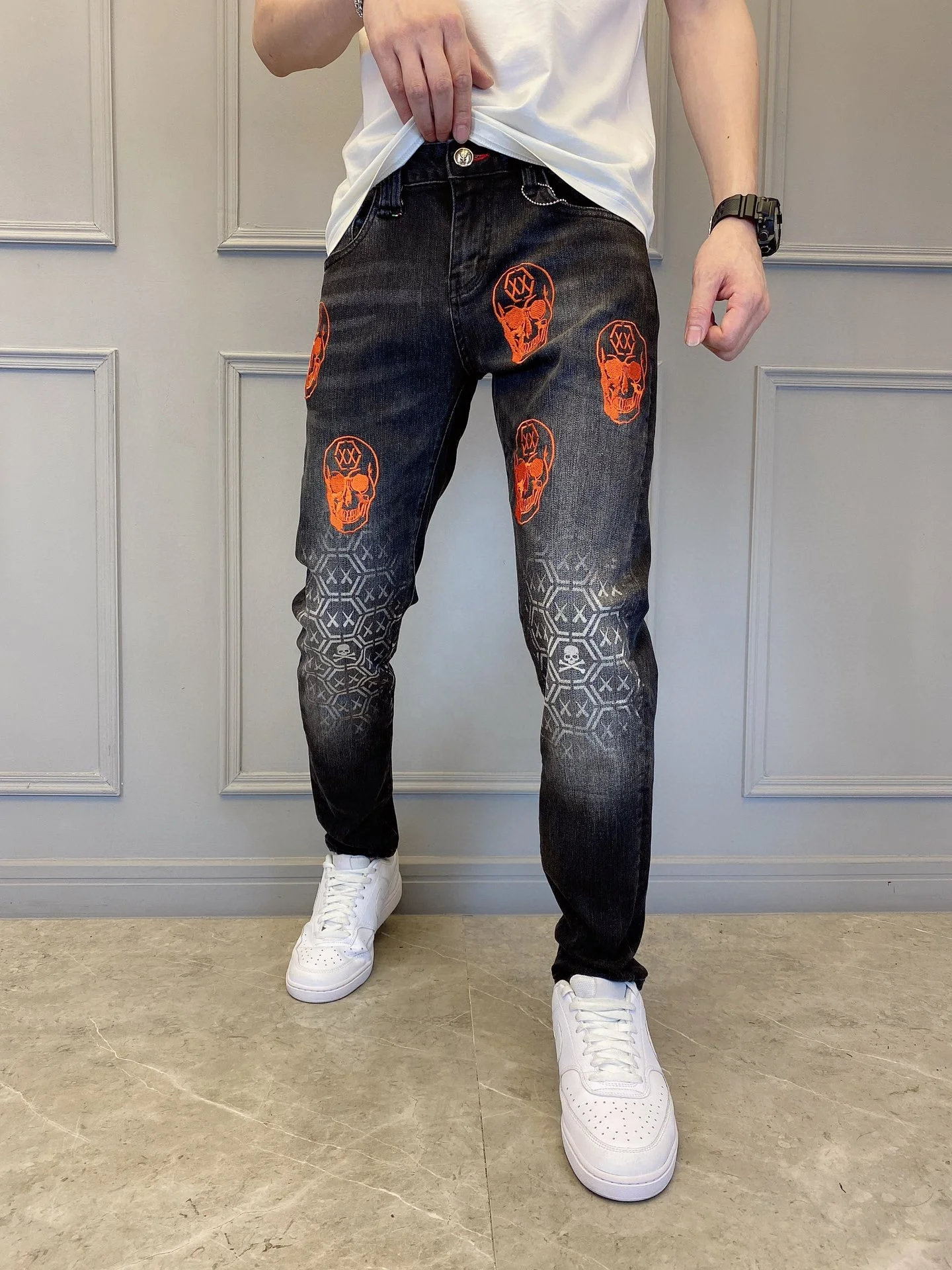 SKYKINGDOM new design fashionable jeans for men human skeleton printed high quality mens jeans casual black skinny jeans
