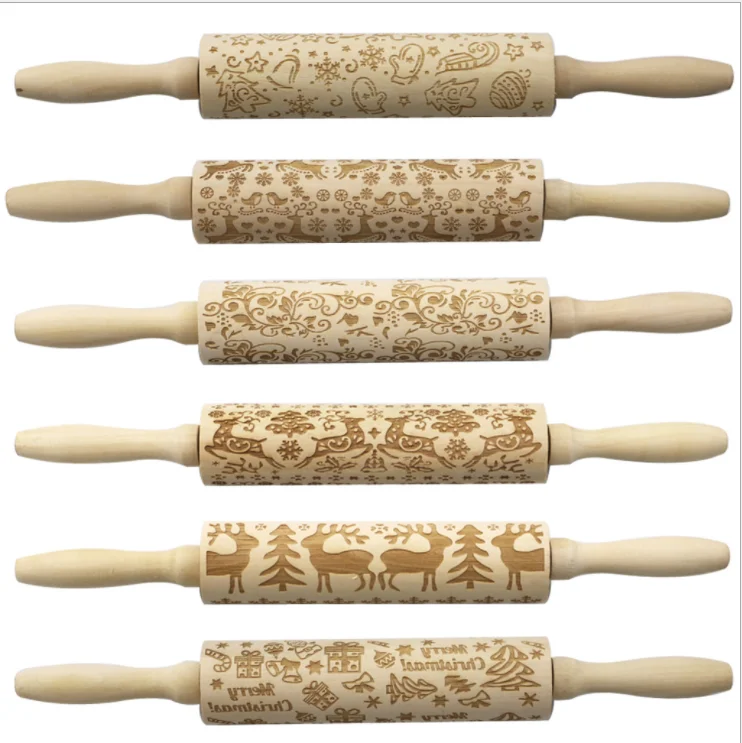 Christmas Deer Wooden Rolling Pin Embossing Baking Cookies Noodle Biscuit Fondant Cake Dough Patterned Roller Snowflake