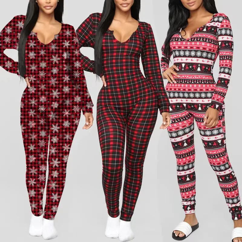 Casual One Piece Set Bodysuit Home Wear Long Sleeve Nightwear Christmas Pajamas for Women Onesie