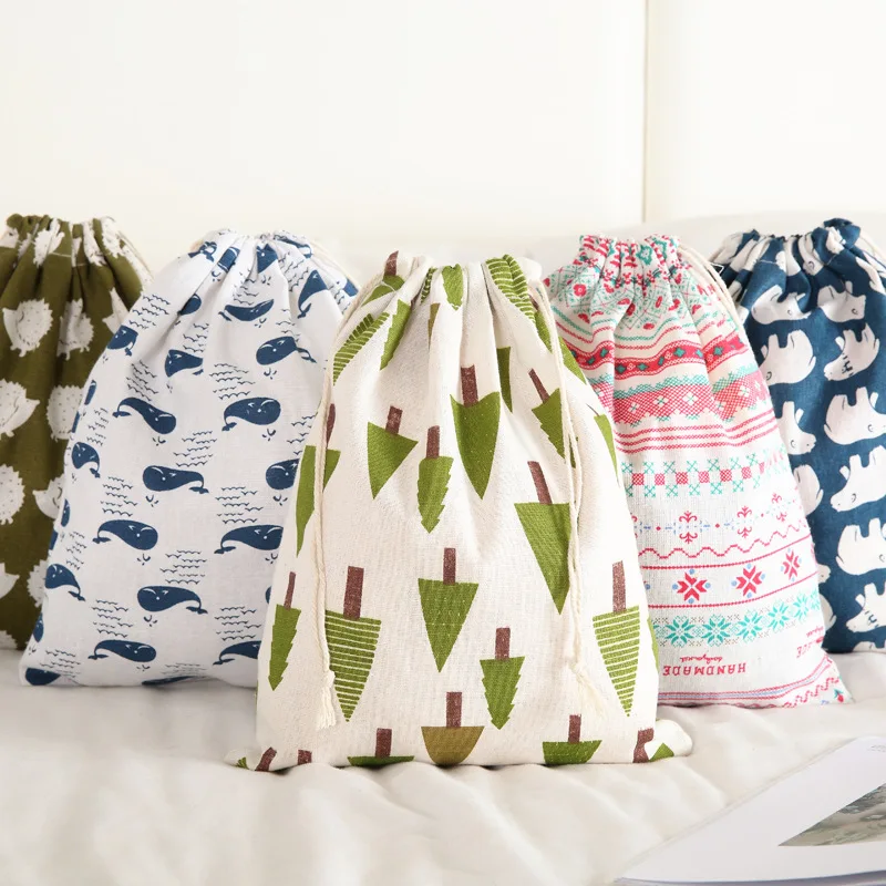 Printed cotton and linen forest series travel storage bag luggage drawstring bag