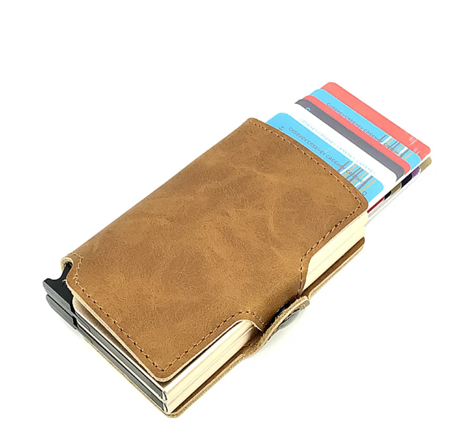 RFID Blocking PU Leather Wallet With Two Aluminum Automatic Card Boxes Pop Up Metal Cards Case Holder Slim Wallet Portable Clip