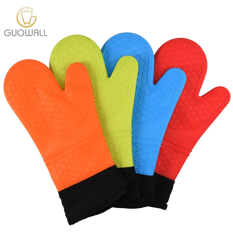 Kitchen heat-resistant rubber silicone gloves set Double-sided cotton grill oven gloves