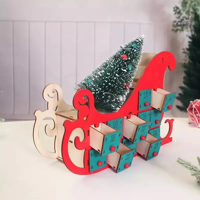 Tree House Sleigh Wooden Advent Calendar Countdown Christmas Party Decor Beauty Advent Calendar with LED Light Ornament