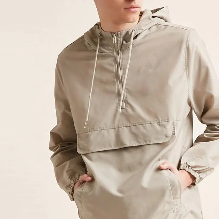 
custom pullover windbreaker men nylon half zip anorak jacket with front flap pocket drawstring hood with mesh lining 
