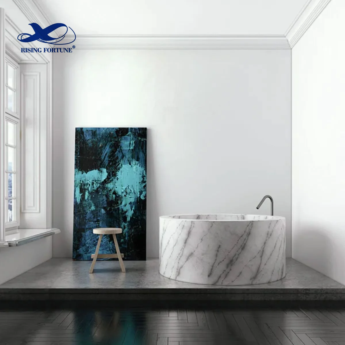 RF High Quality Large Size Artificial Stone Black Marble Round Bathtub Floor Free Standing Bath Tub