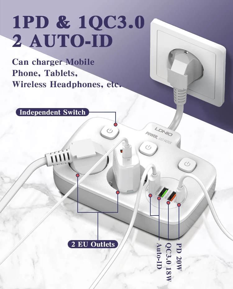 EU Extension Power Strip with USB 4 Port LDNIO SE2435 Independent Switch EU Plug Short Power Cord Extension Socket