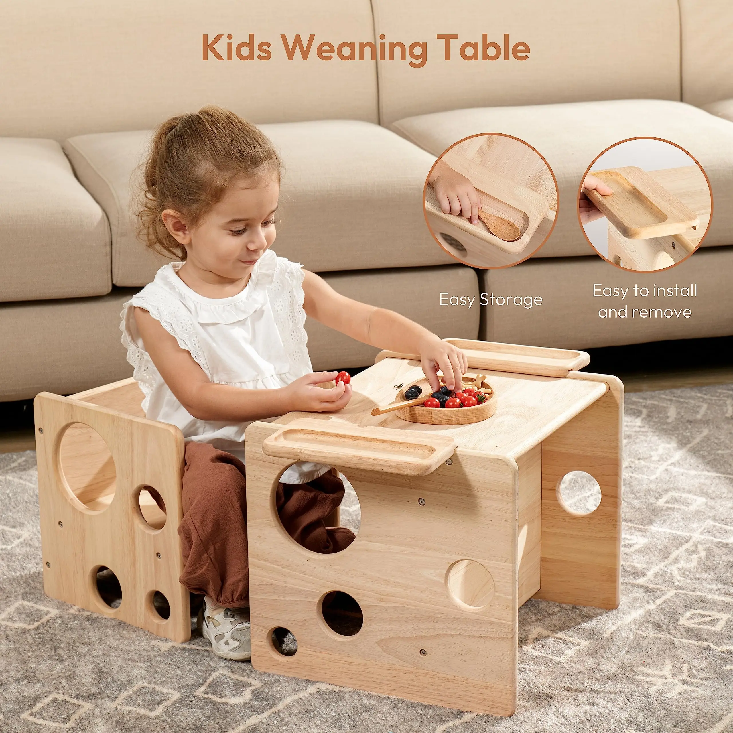 Montessori Weaning Table and Chair Set Toddler Table and Chair Set Natural Solid Wooden Kids Table Cube Chair for Boys and Girls