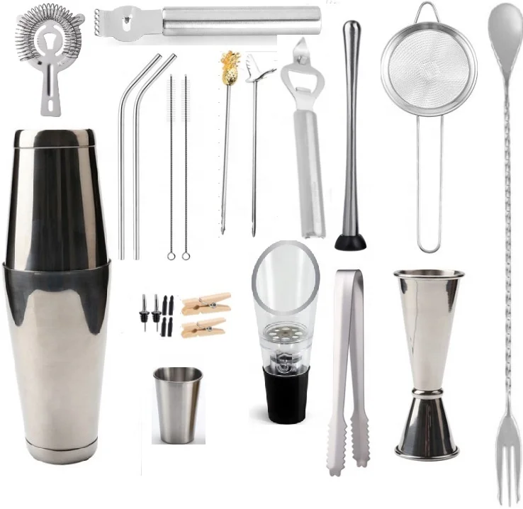 23 pieces hot sell stainless steel cocktail shaker set with stylish bamboo stand