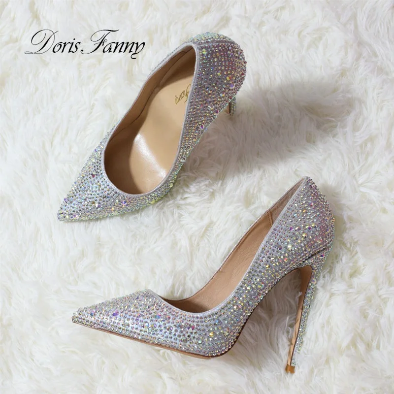 New Pointed Silver Crystal Sequins Sexy Wedding Bridesmaid Dress Shoes Bridal Princess Crystal High Heels