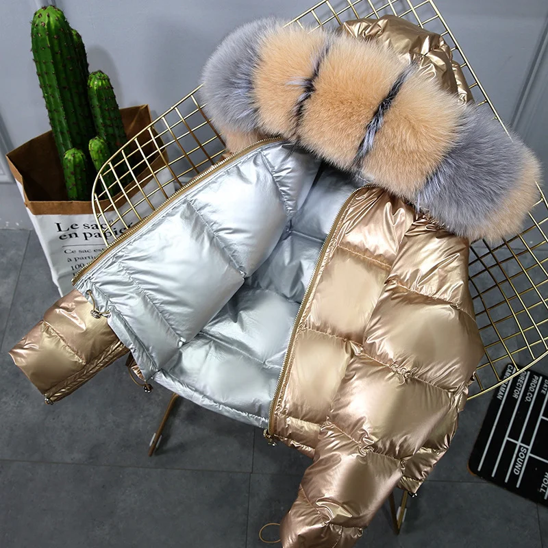 Winter Women Reversible Glossy Gold Silver Boxy Crop Parka Puff Jacket Ladies Short Fox Fur Collar Bubble Down Coats