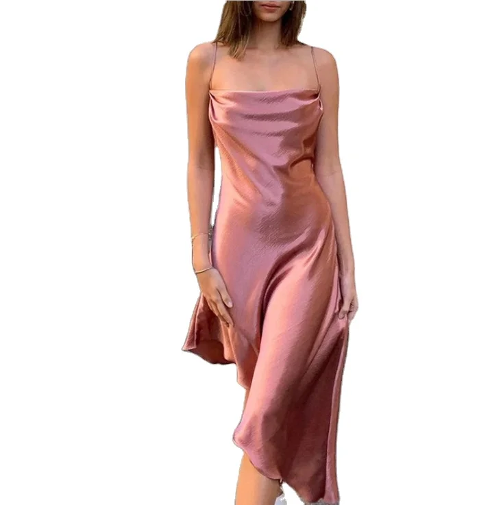 Solid Party Dress Spaghetti Strap Backless Loose Ruffles Midi Dress Sleeveless Sexy Silk Dresses