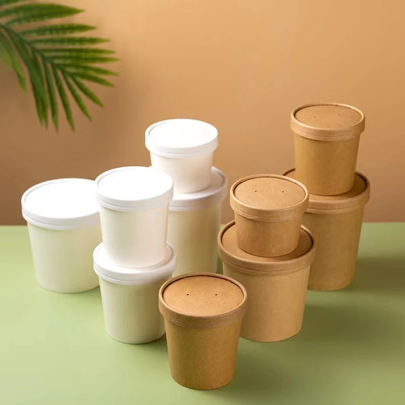 Disposable Container Noodle Cup Kraft Custom Printed Paper Hot Soup Bowl with lid for takeaway