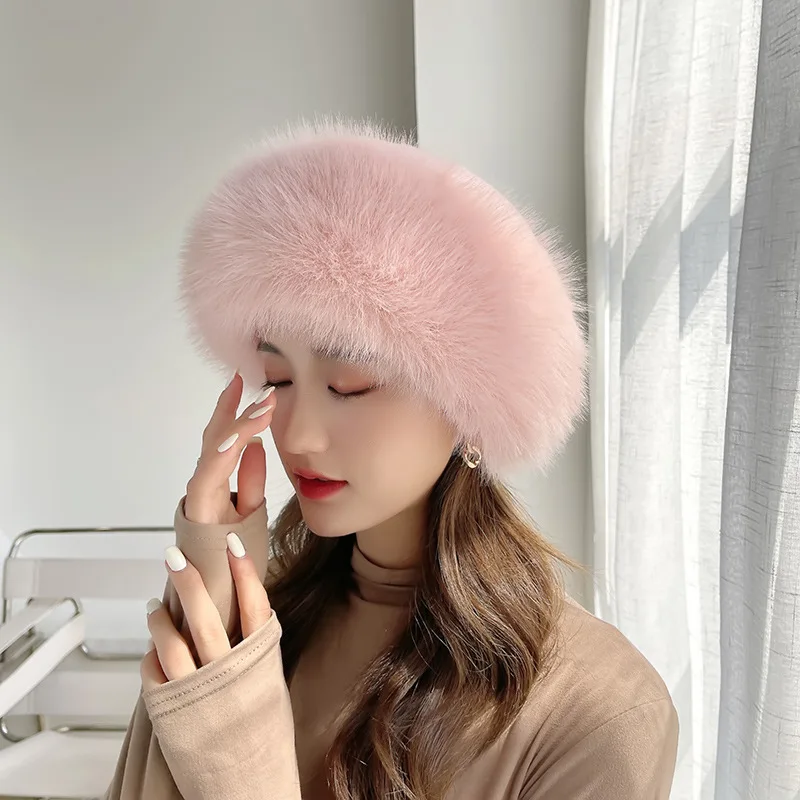 High Quality Fashion Lady warm outdoor Beret Cap European British Stylish Winter Women Rabbit Faux Fur Beret Hat