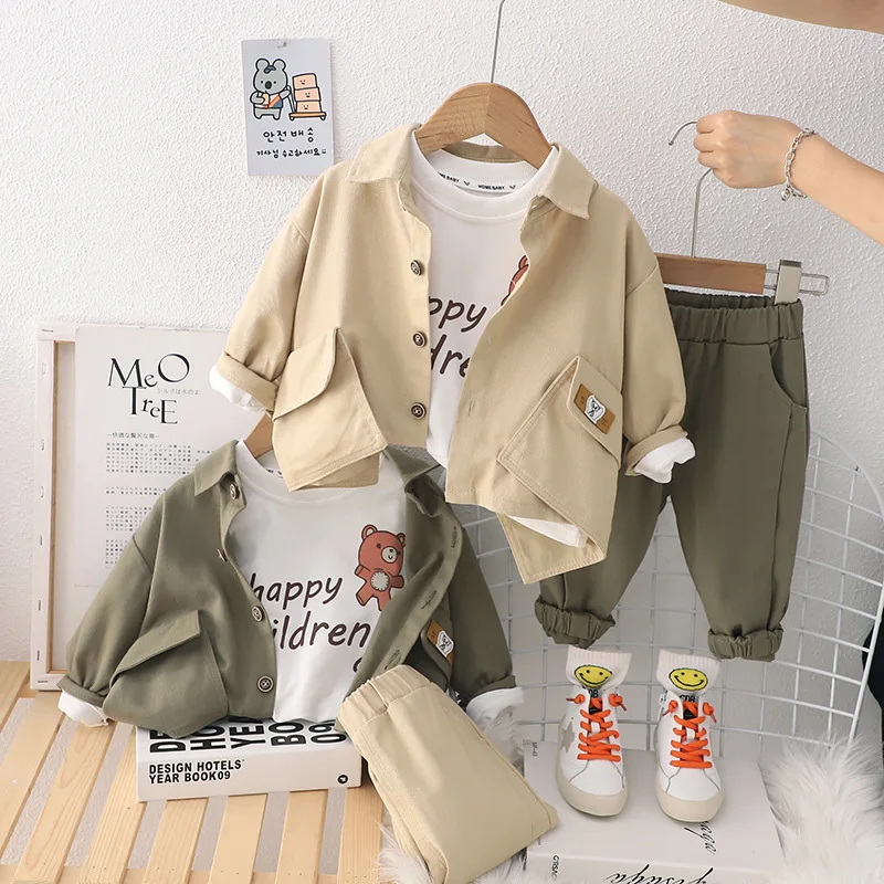 Boy baby suit 2023 spring and autumn new style 0-4 years old 3-lapel double pocket three-piece set for drop shipping