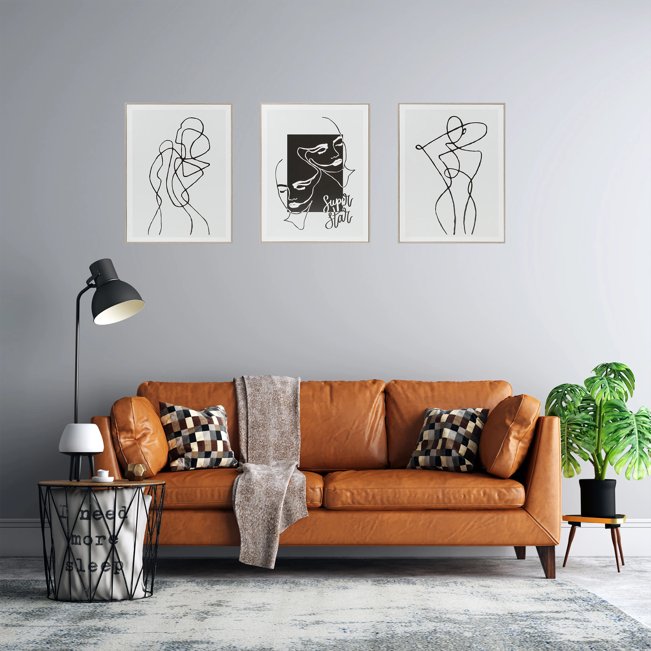 Modern Design Abstract Paintings Black And White Minimalist Line Woman Wood Framed Wall Art