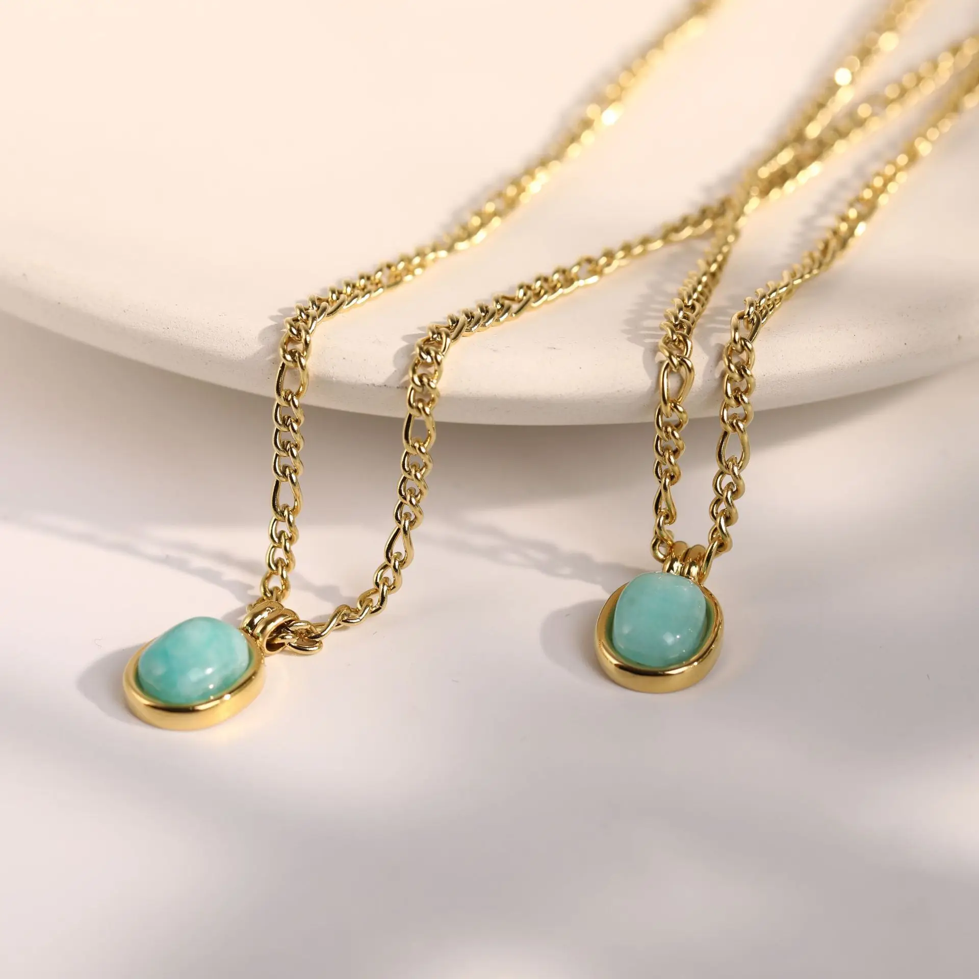 18K Gold Plated Stainless Steel Women Gemstone Jewelry Cabochon Amazonite Natural Stone Necklace With Figaro Chain