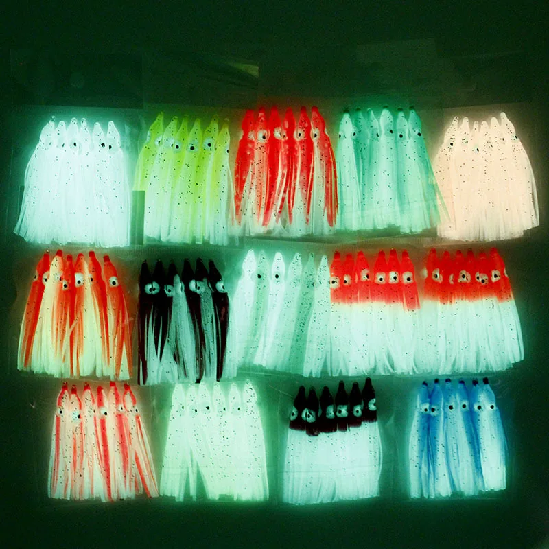RISING 6PCS 60mm saltwater luminous glowing soft plastic Octopus Bait Rubber Squid Skirts lure Squid jigs lure