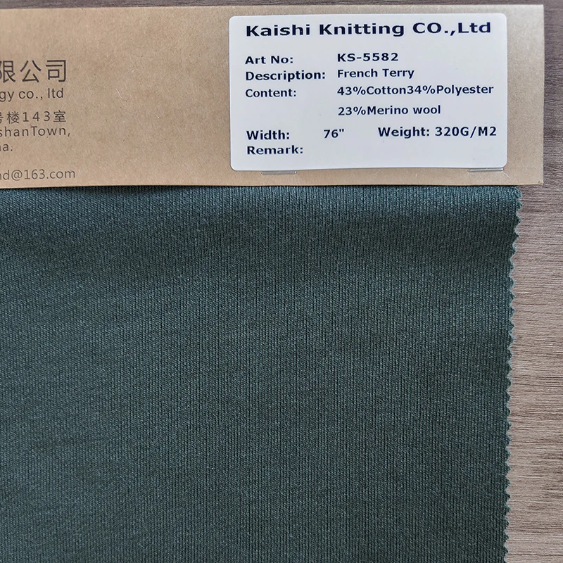 43%Cotton 34%Polyester 23%Merino wool fabric High quality Warm Soft wool  Knit cotton polyester merino wool French Terry Fabric