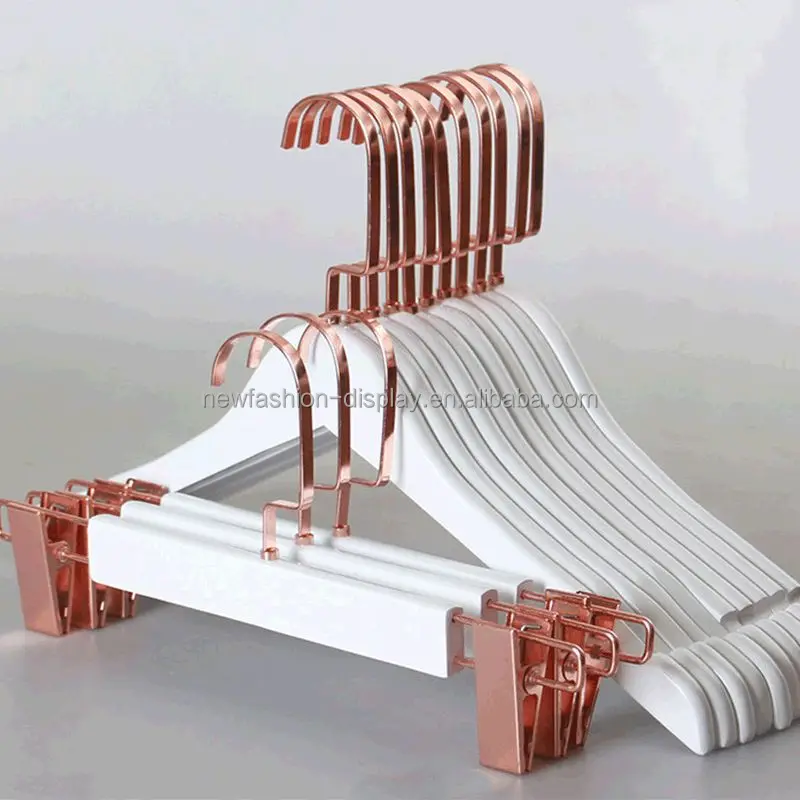 Custom Logo White Hanger Wood Rose Gold Clip Hanger Non Slip Boutique Male/Female/Kid Wooden Clothes Hanger for Clothing Shop